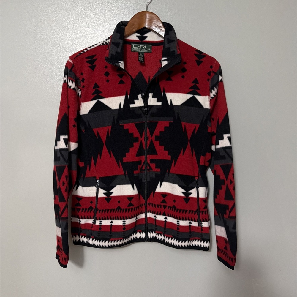 Lauren Ralph Lauren Fleece Jacket Red Southwestern Aztec Full Zip Medium